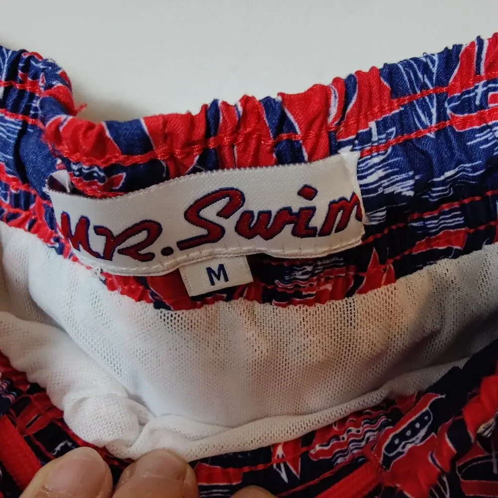 Mr. Swim Men's Sz M Sailboat Nautical Swim Trunks Short Inseam Blue Red Summer